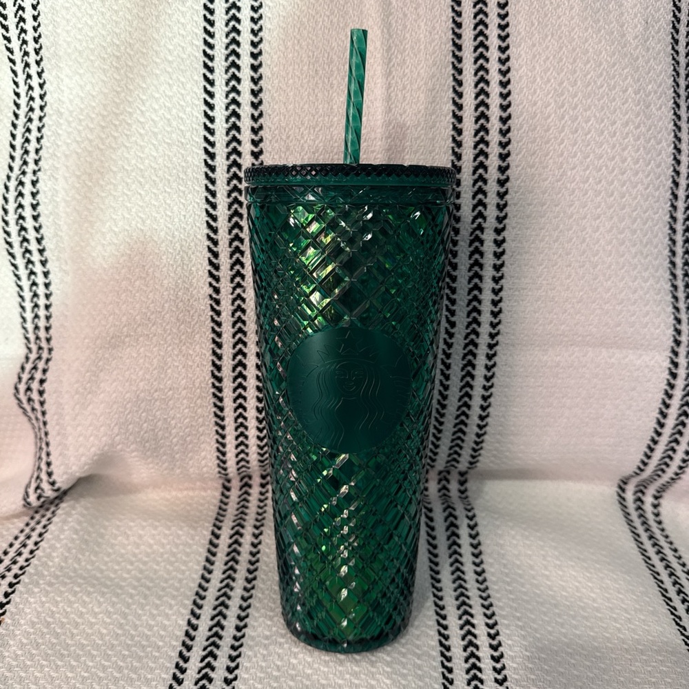Starbucks Emerald Green Jeweled Tumbler 24 oz Cold Cup w/ Straw